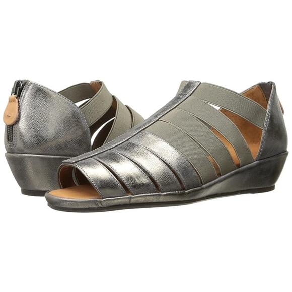 gentle souls Shoes - Gentle Souls LANA Low Peep Toe Elastic Straps Wedge Sandal Pewter sz 9.5